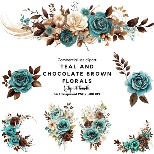 Teal and Chocolate Brown Floral Clipart