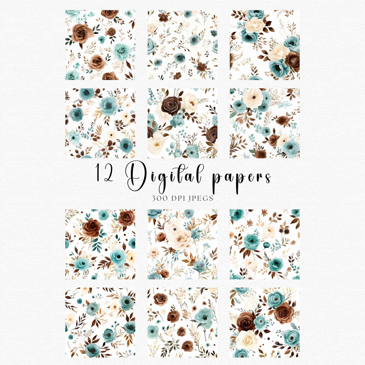 Teal and Chocolate Brown Floral Digital Papers