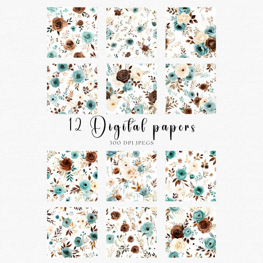 Teal and Chocolate Brown Floral Digital Papers