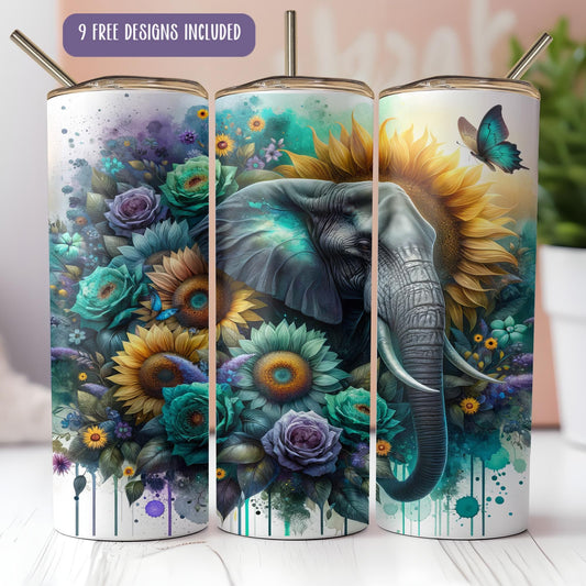 a picture of an elephant with flowers and a butterfly