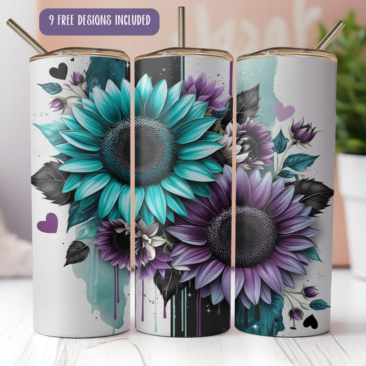 a set of three colorful flower vases sitting on top of a table