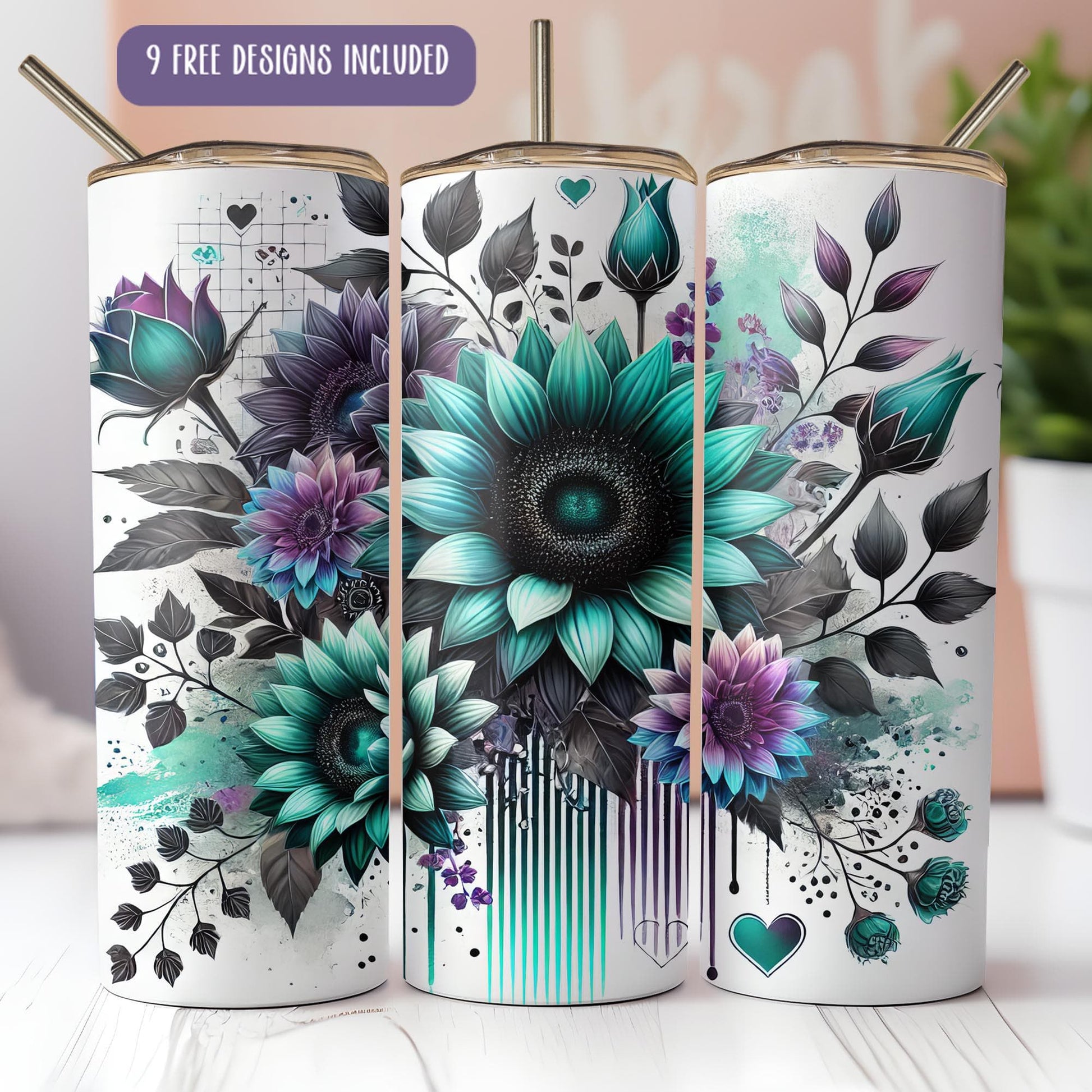 a set of three floral design tumblers with a blue flower on the side