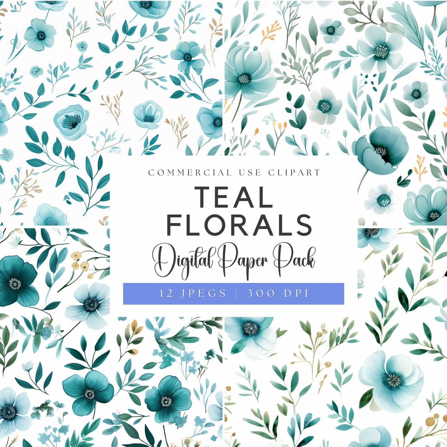 Teal Floral Digital Papers