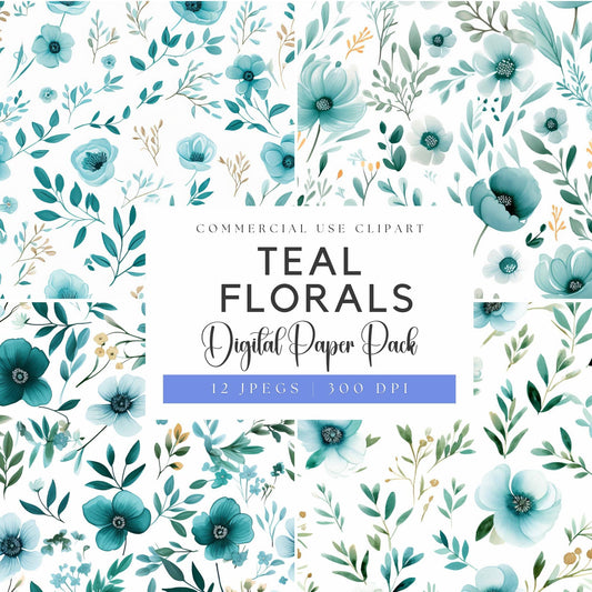 Teal Floral Digital Papers