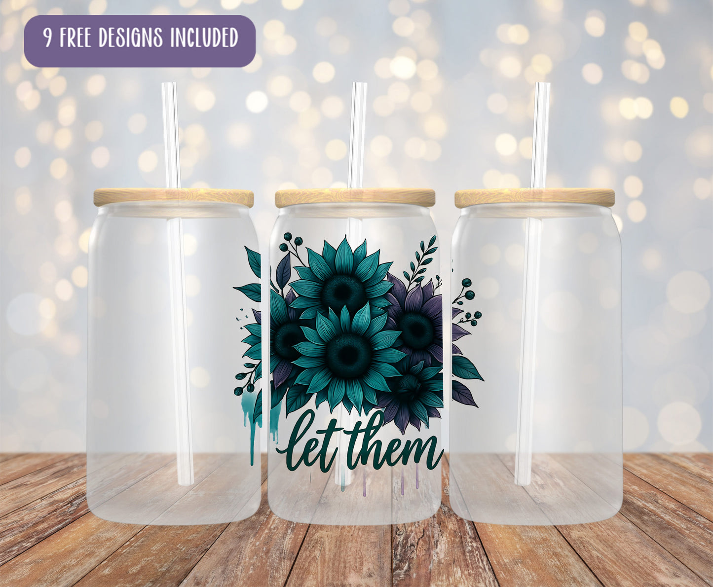Teal & Purple Sunflower Let Them Glass Can Wrap