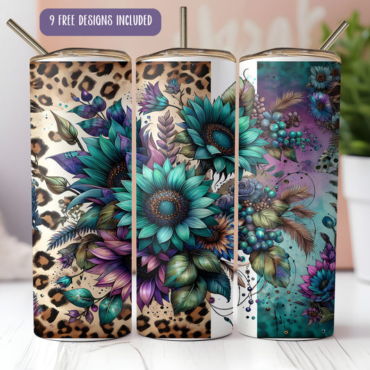 a set of three colorful floral tumbles on a table