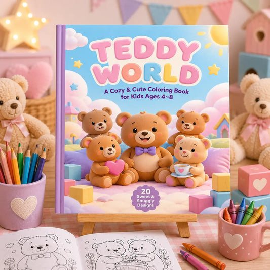 Teddy World Colouring Book for Kids Ages 4–8 | Cute Teddy Bear Printable Activity Book | PLR & MRR Included