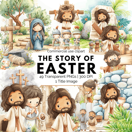 The Story of Easter Watercolor Clipart Bundle | 49 Christian PNGs Commercial Use