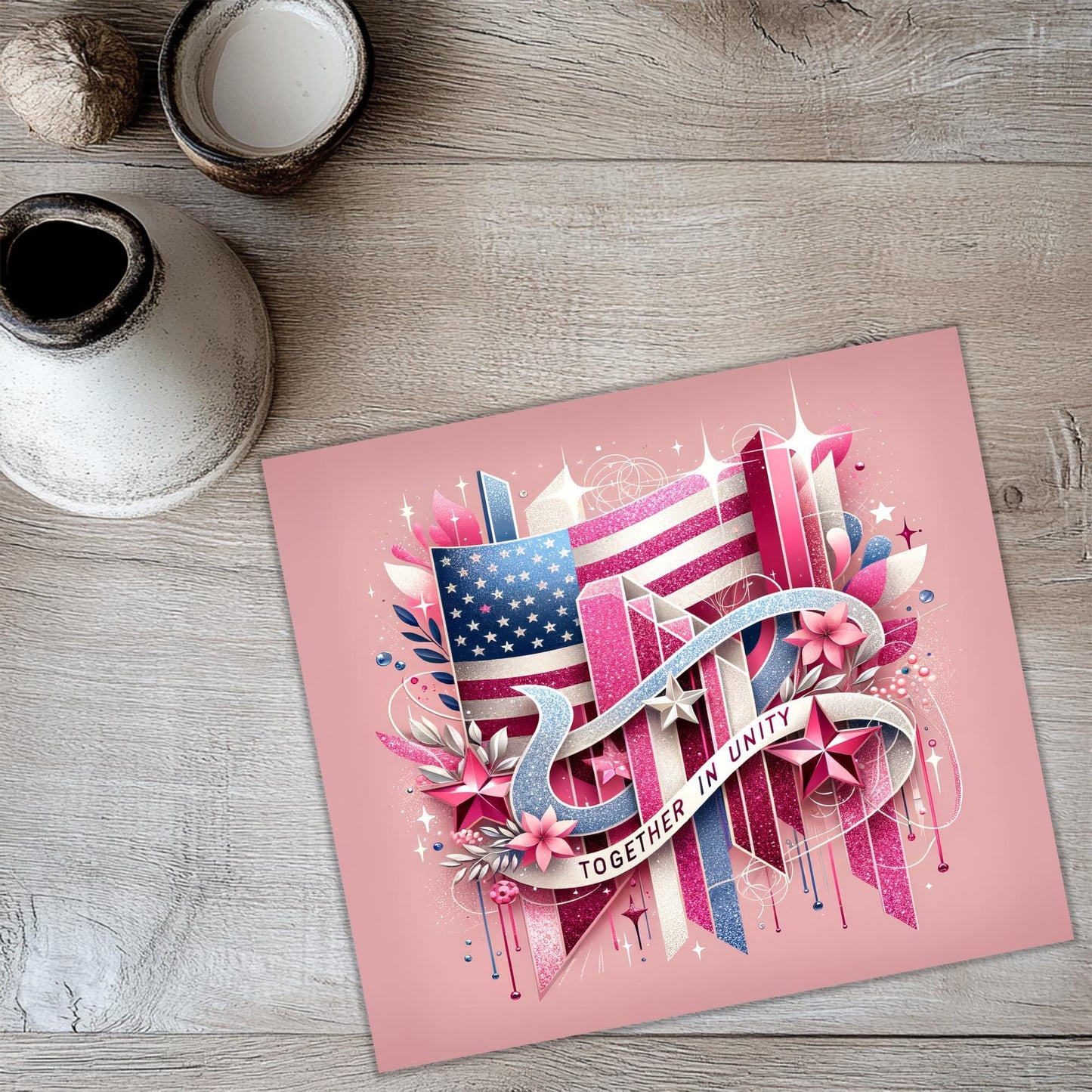 a pink card with a patriotic design on it