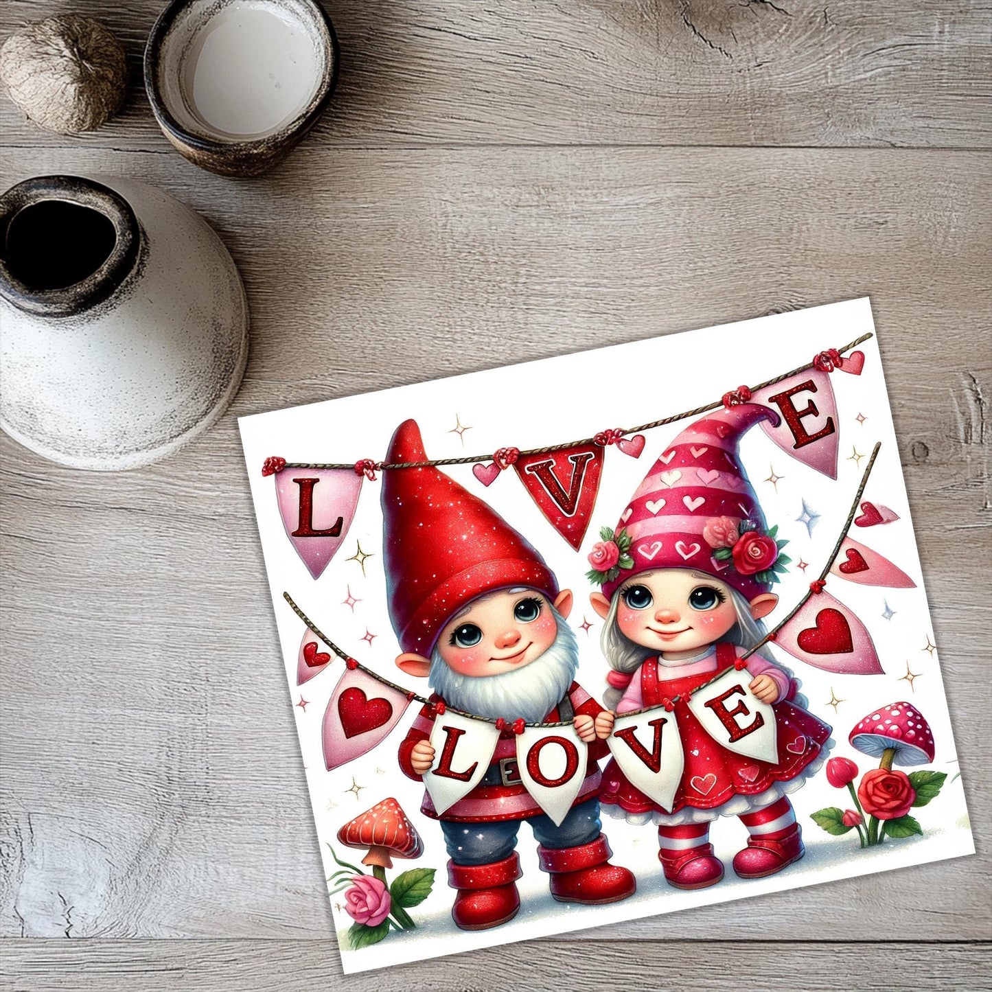 a card with two gnomes on it on a table