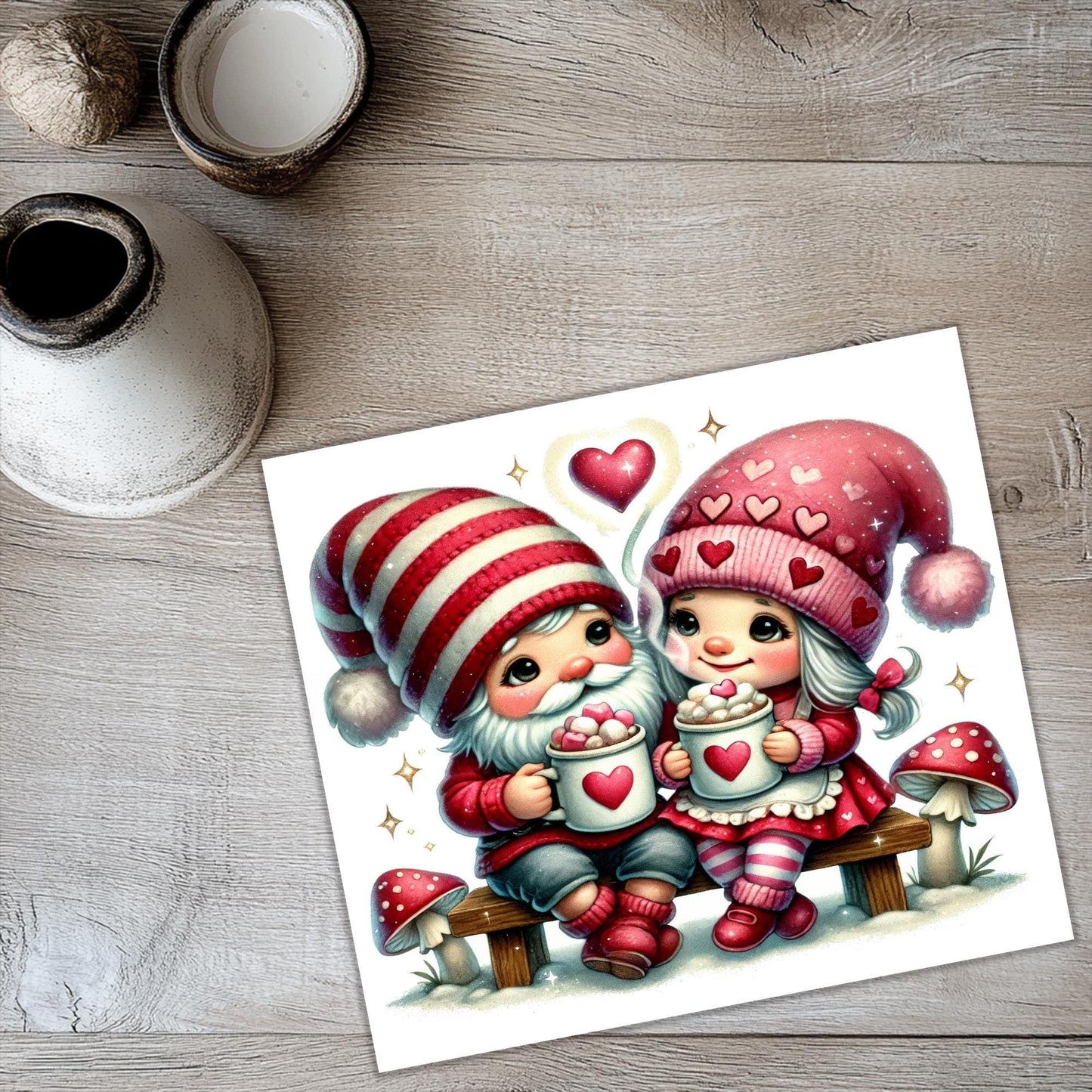 a picture of two gnomes sitting on a bench