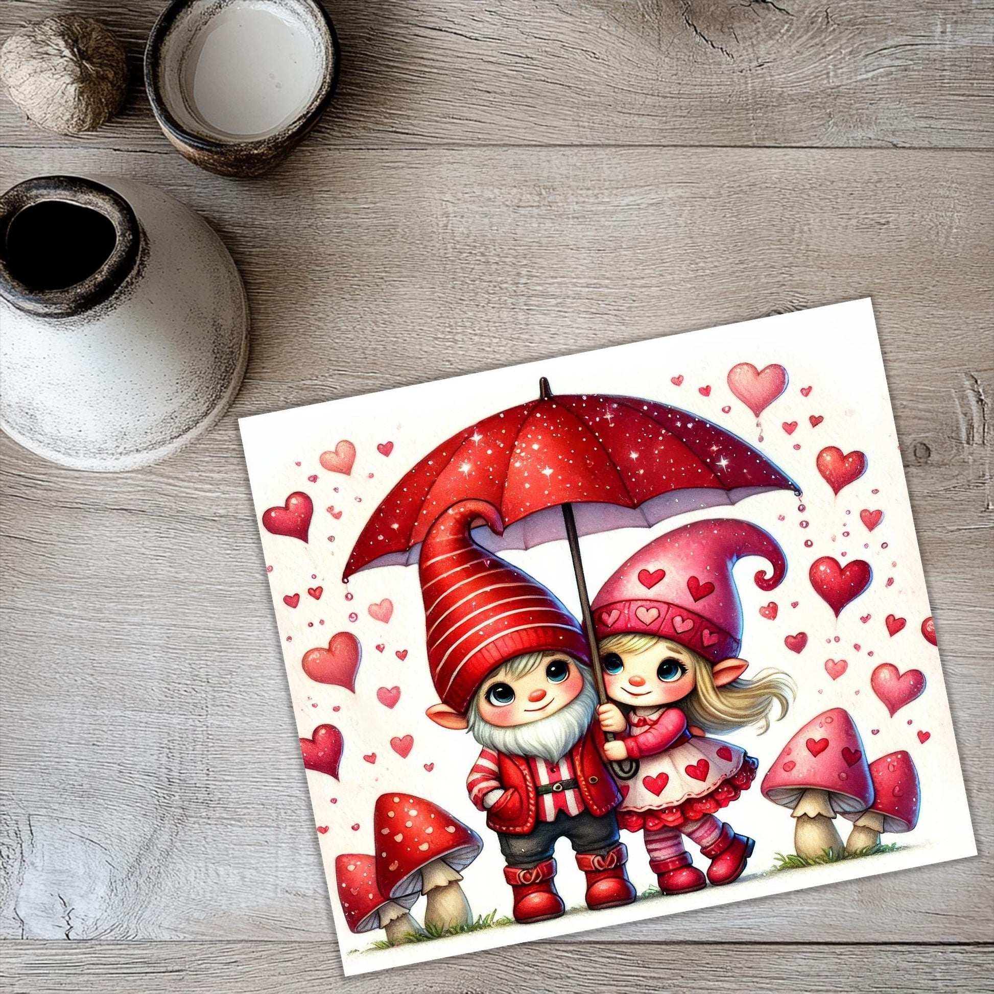 a painting of two gnomes holding an umbrella