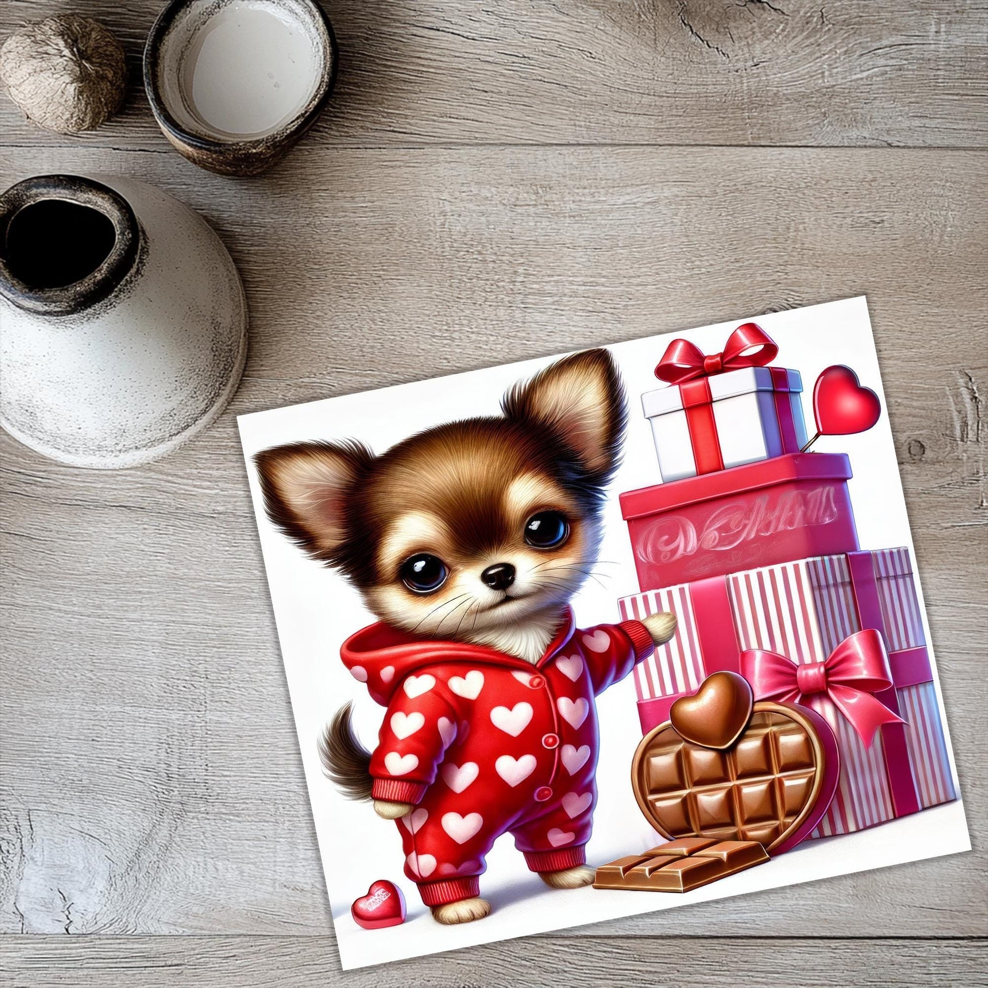 a picture of a small dog with a heart on it