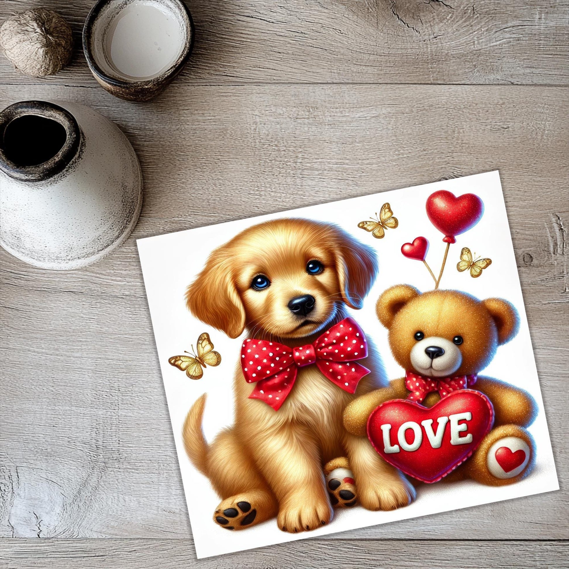 a picture of a dog with a heart and a teddy bear