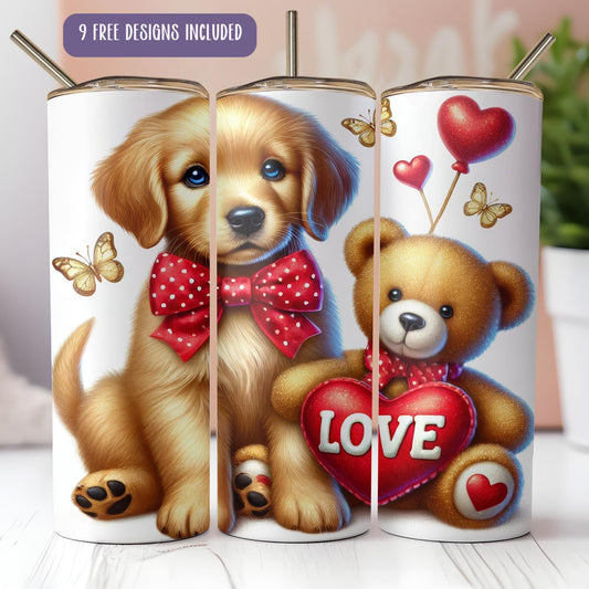 a picture of a dog with a heart and a teddy bear