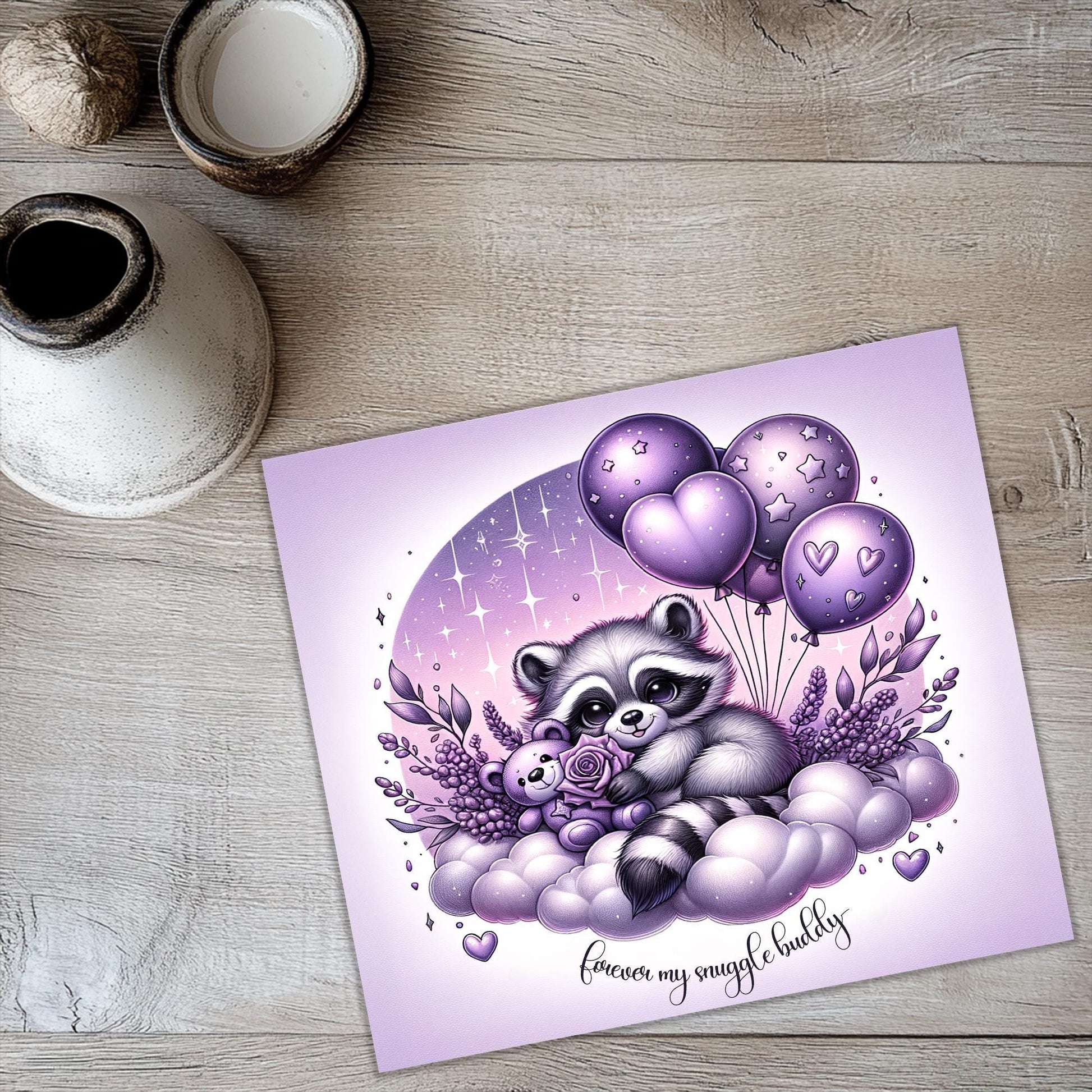 a card with a picture of a raccoon on it