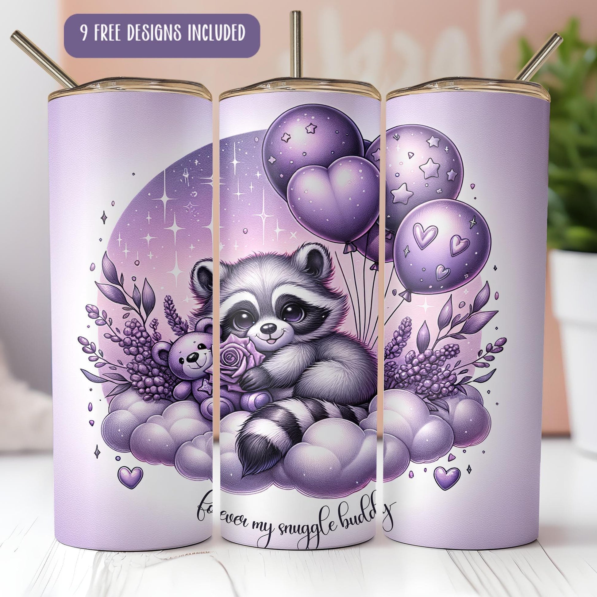 a purple trash can with a raccoon on it