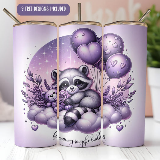 a purple trash can with a raccoon on it