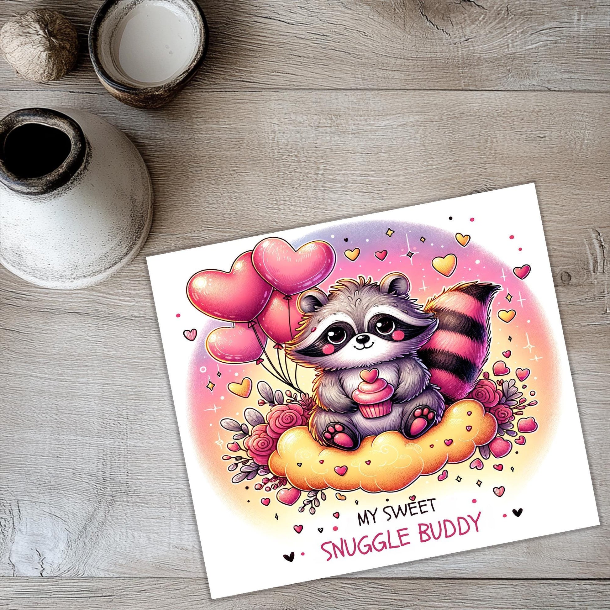 a card with a raccoon holding a bunch of balloons
