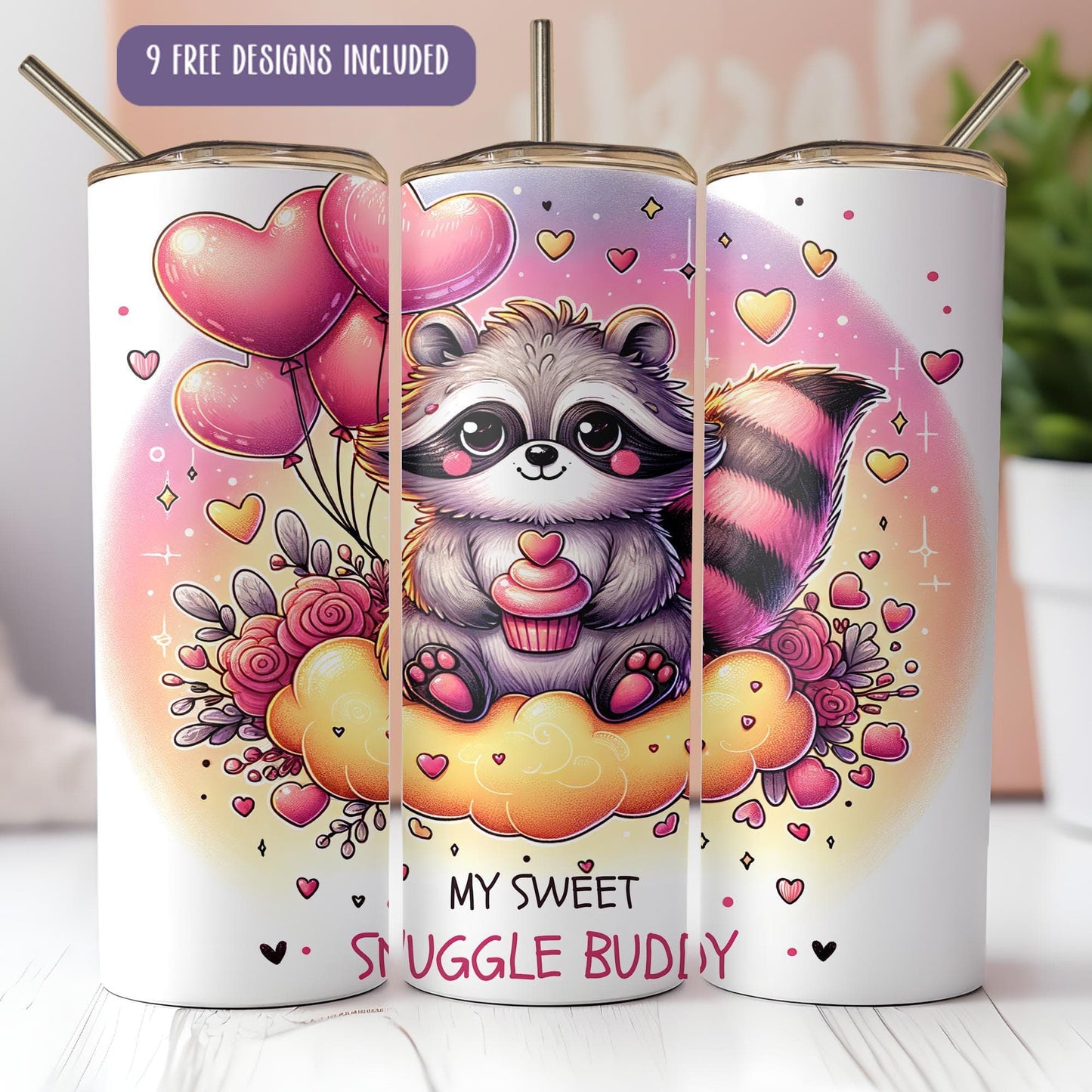 a cute raccoon holding a bunch of balloons