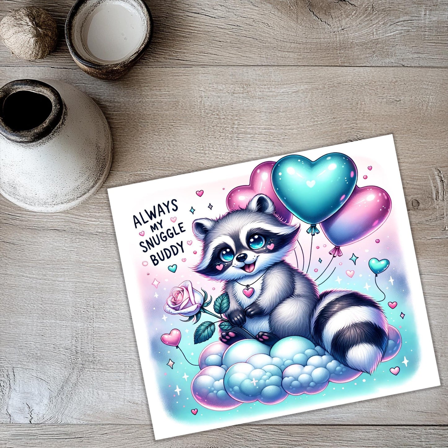 a card with a raccoon holding a rose