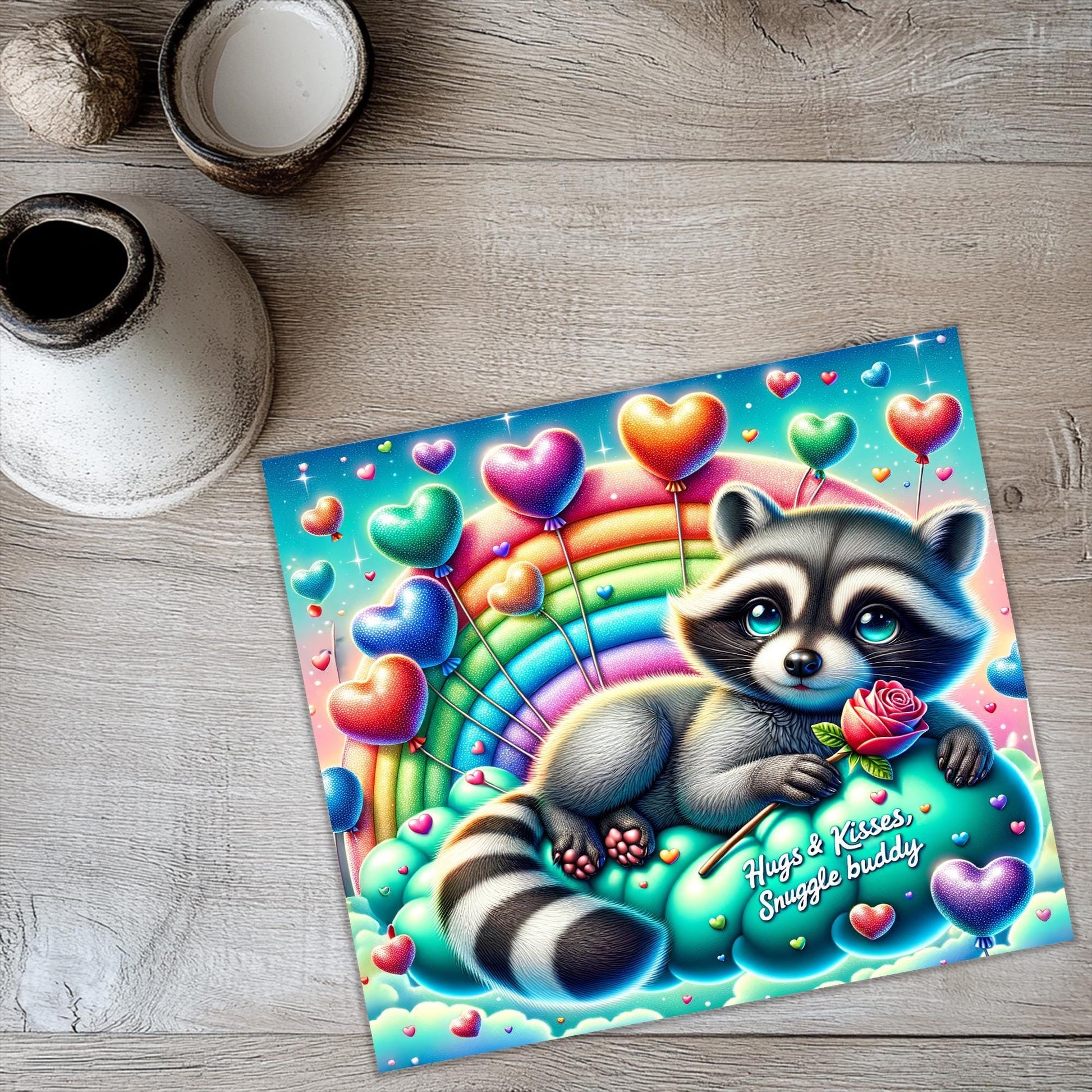 a card with a raccoon on it on a table