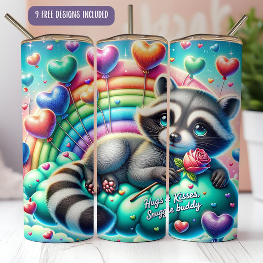a picture of a raccoon on a rainbow background