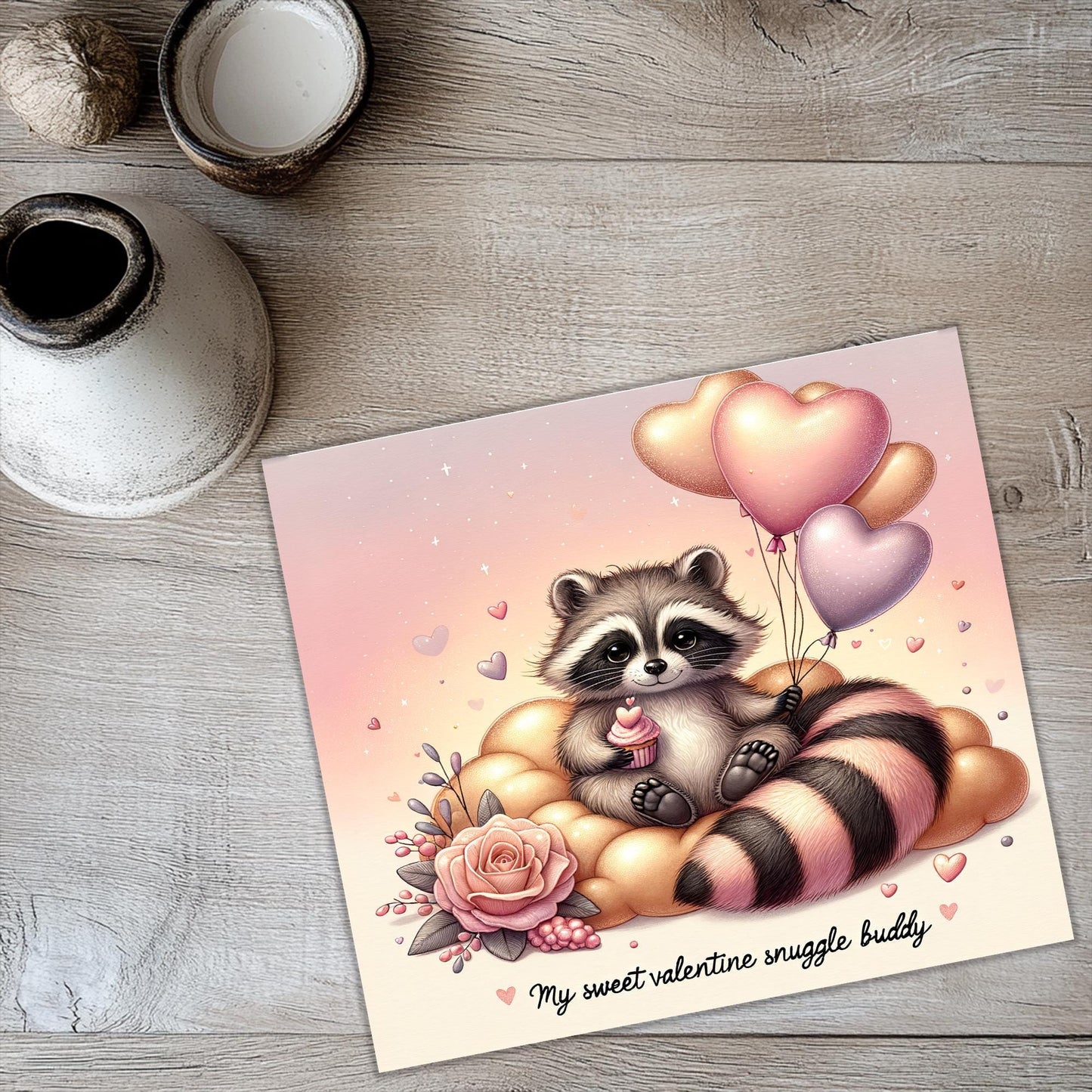 a card with a raccoon holding a heart shaped balloon