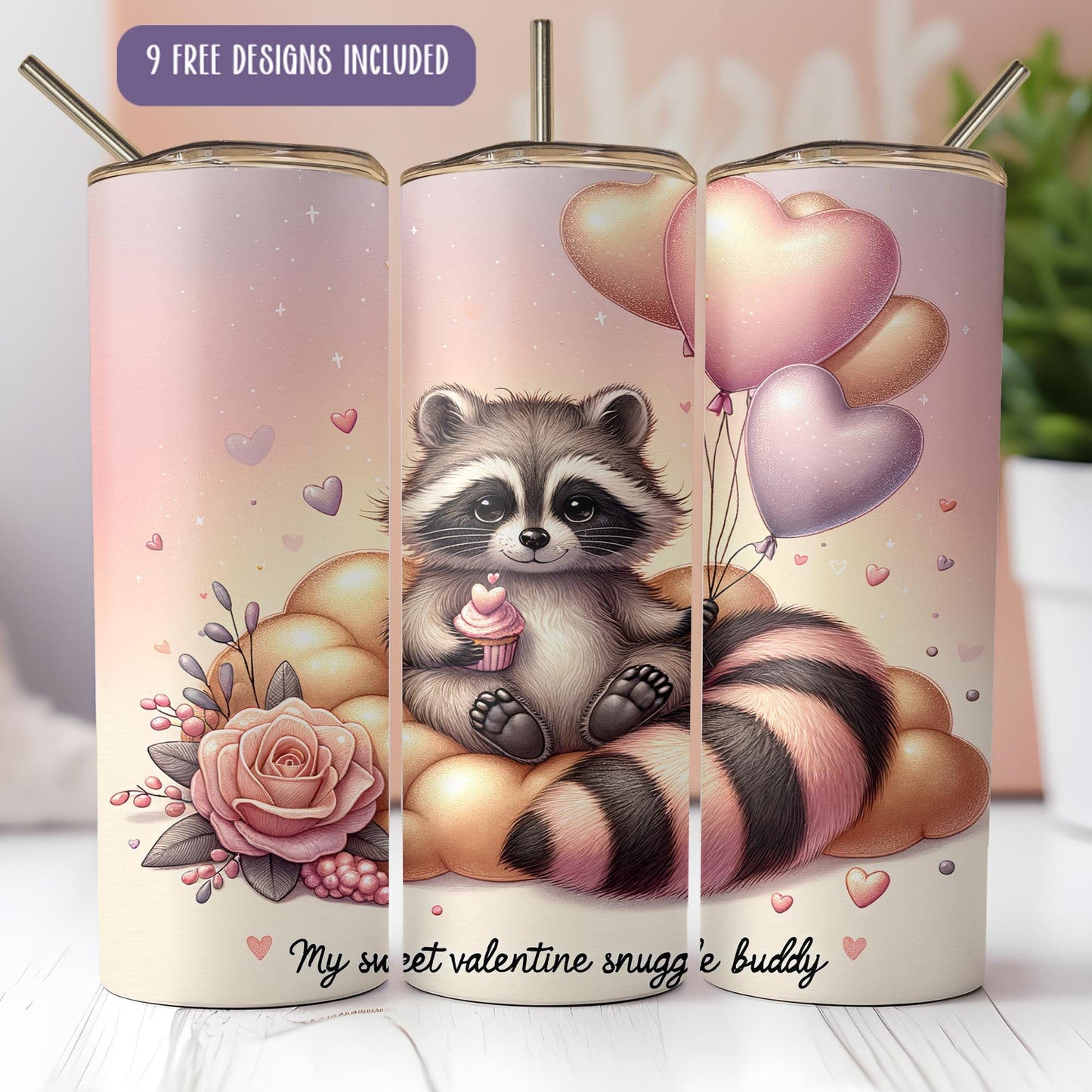 a raccoon holding a heart shaped balloon on a pink background