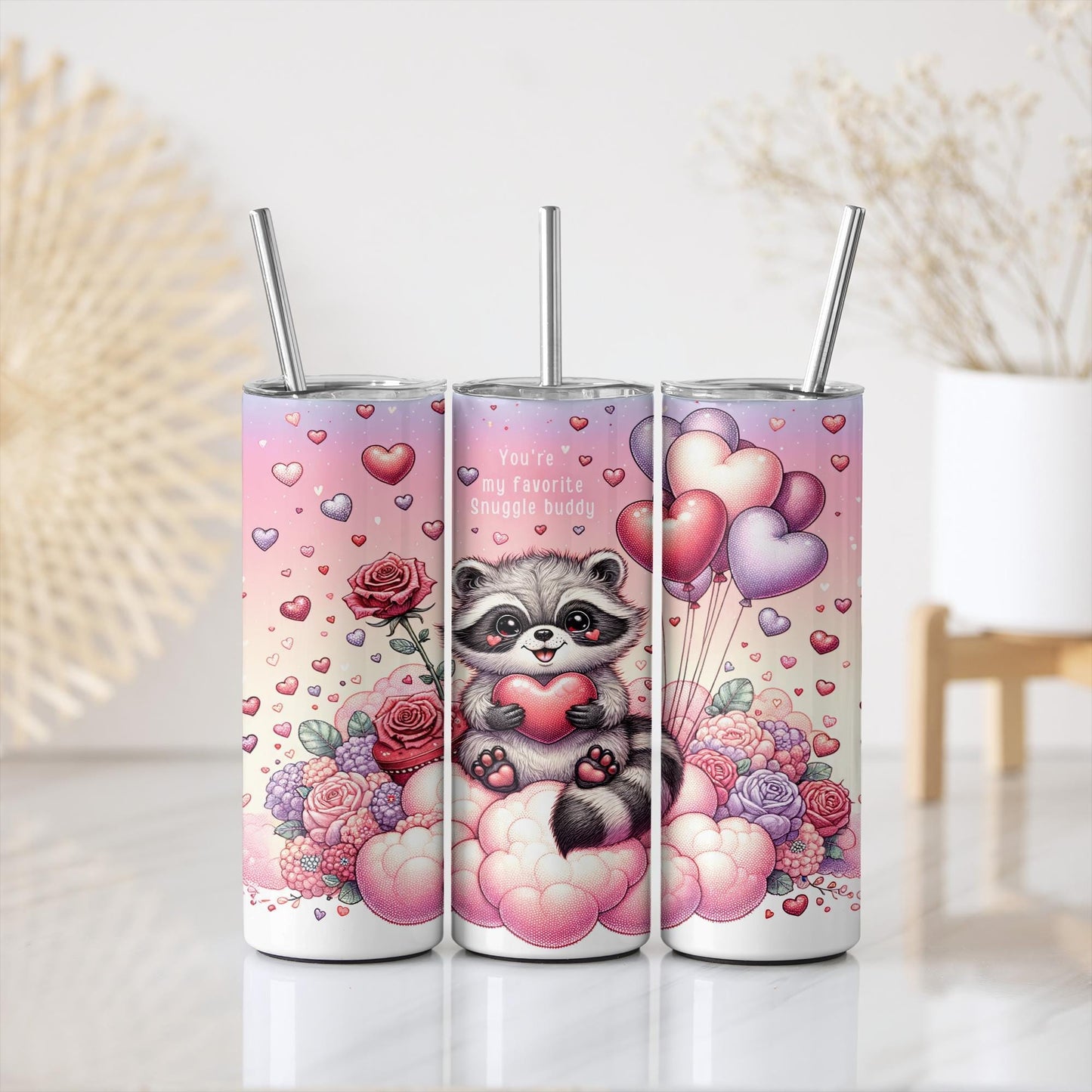 a couple of cups with a raccoon on them