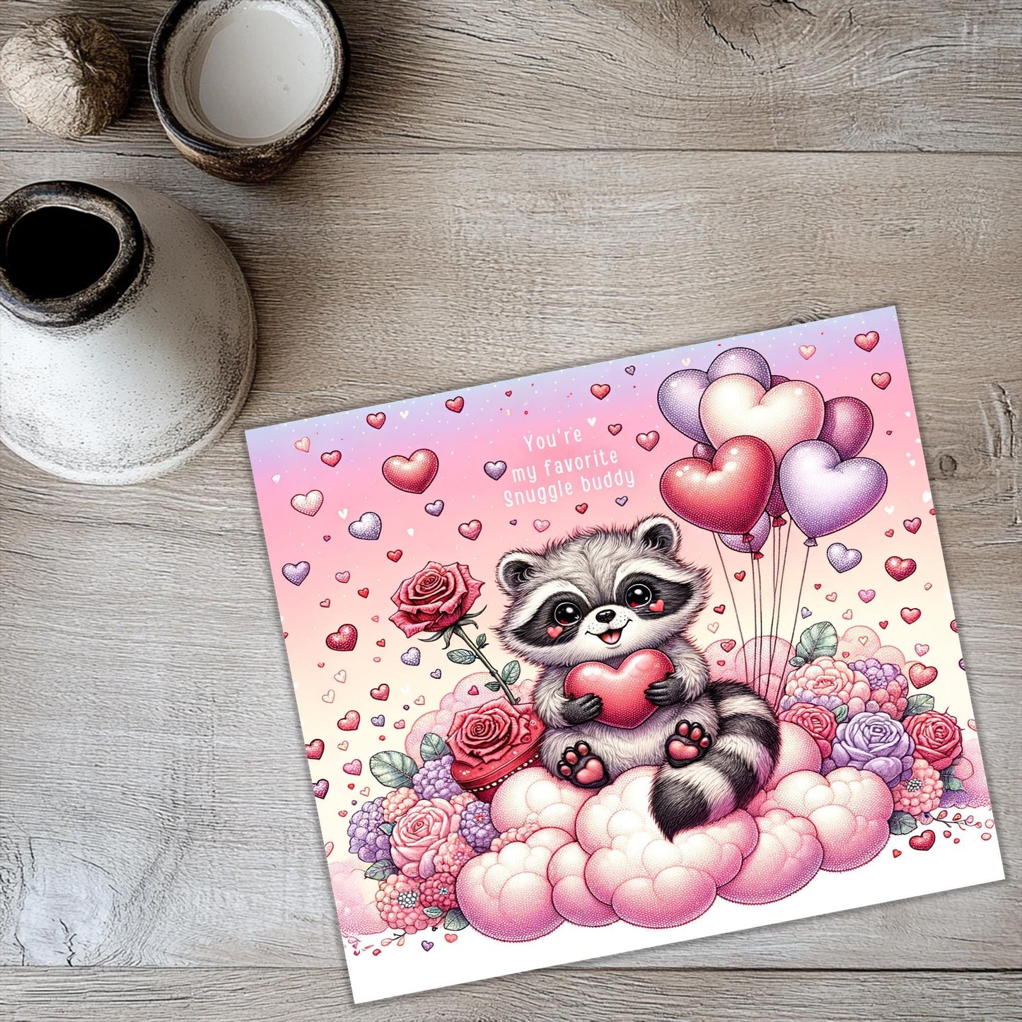 a card with a raccoon holding a heart