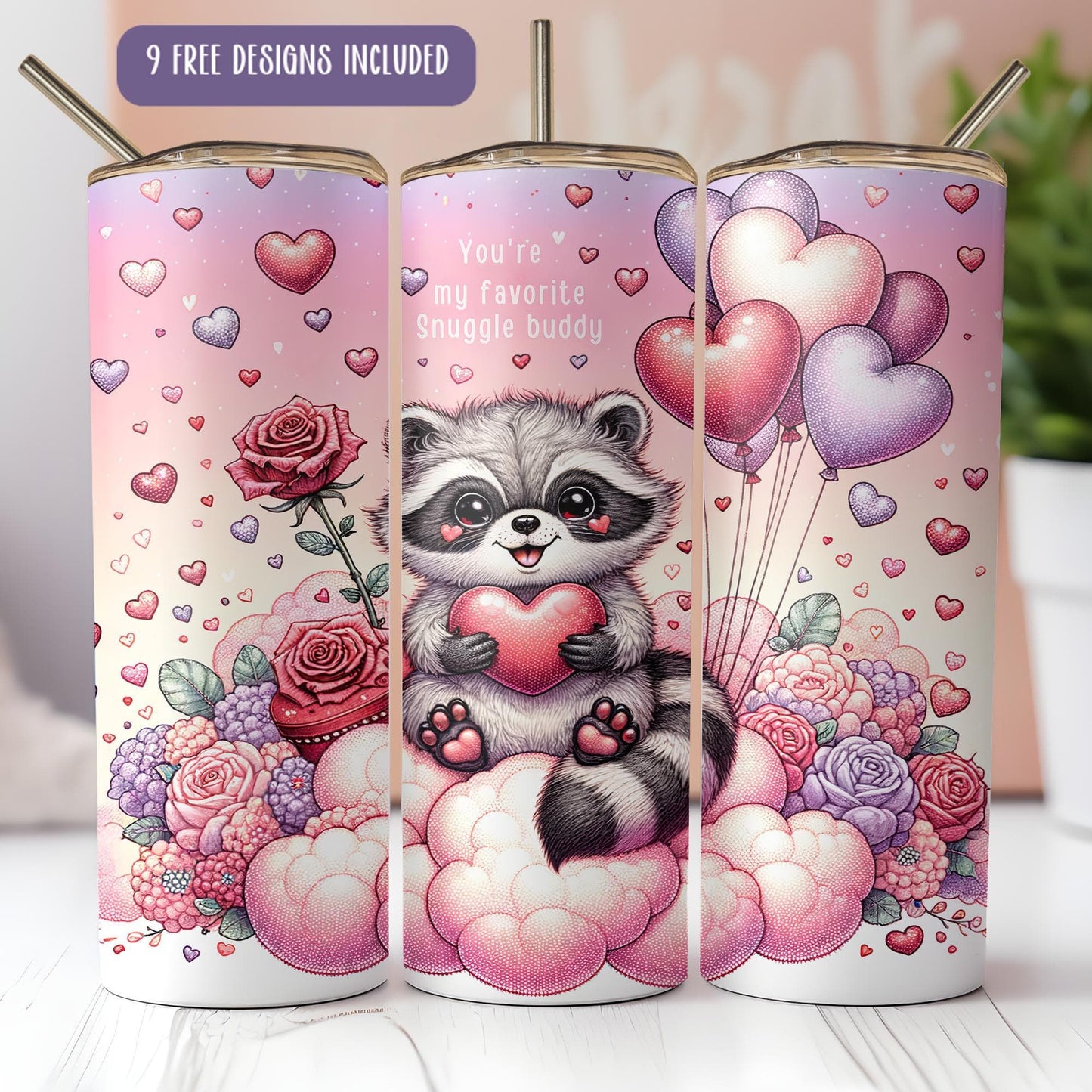 a couple of cups with a raccoon holding a heart