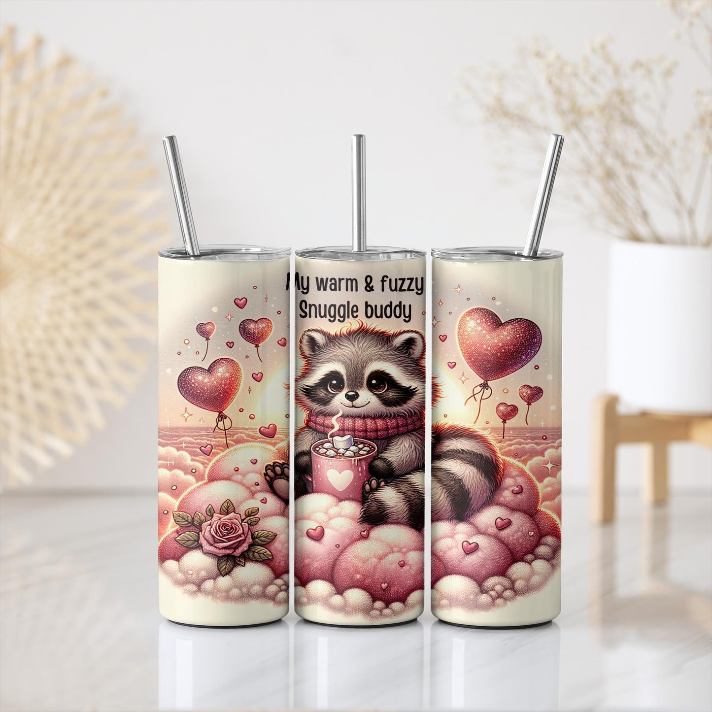 a couple of cups with a raccoon on them