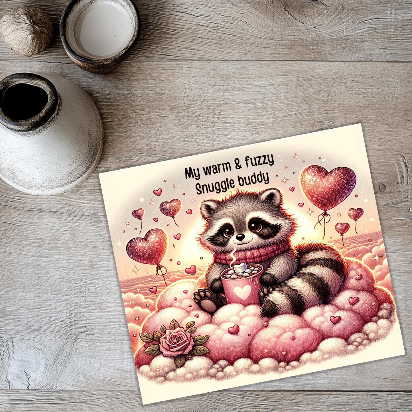 a card with a raccoon sitting on a cloud