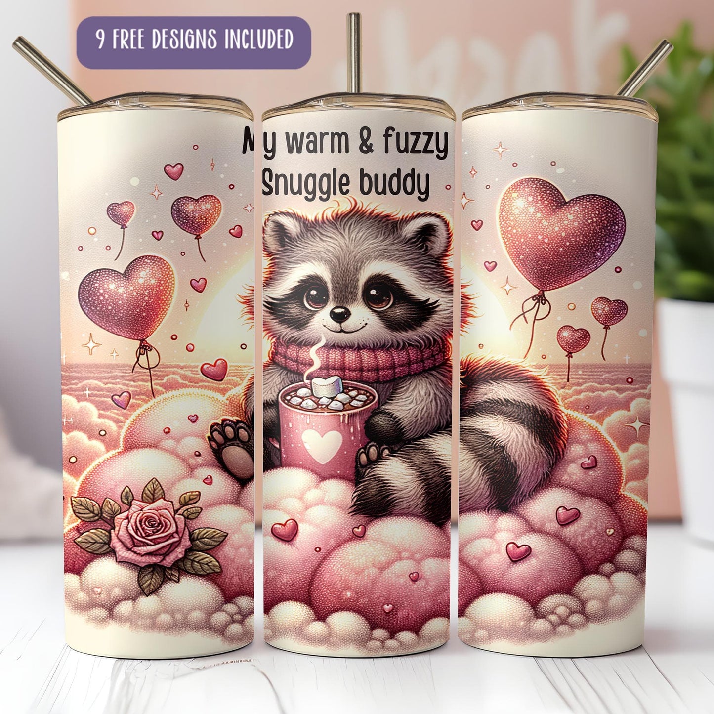 a couple of cups with a raccoon on them