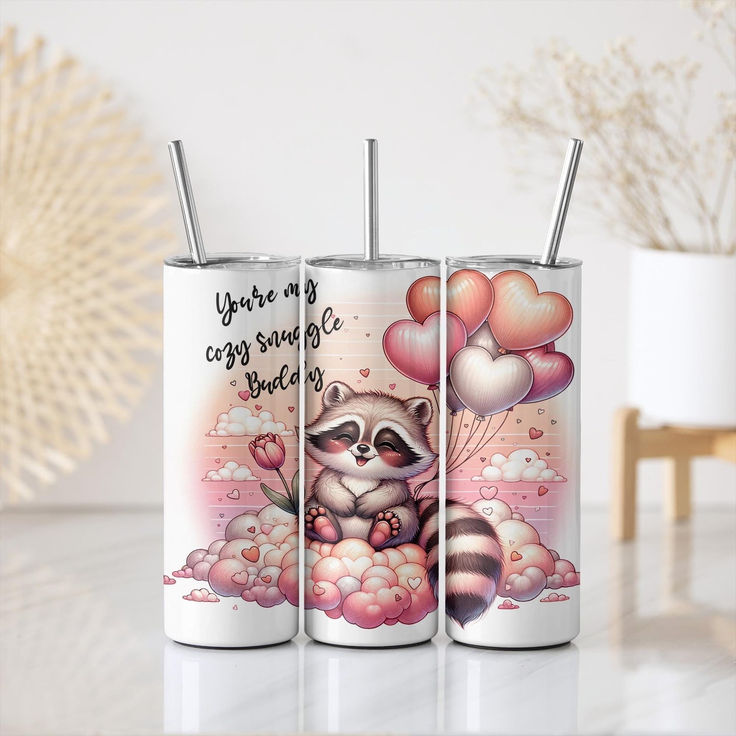 a couple of cups with a raccoon on them