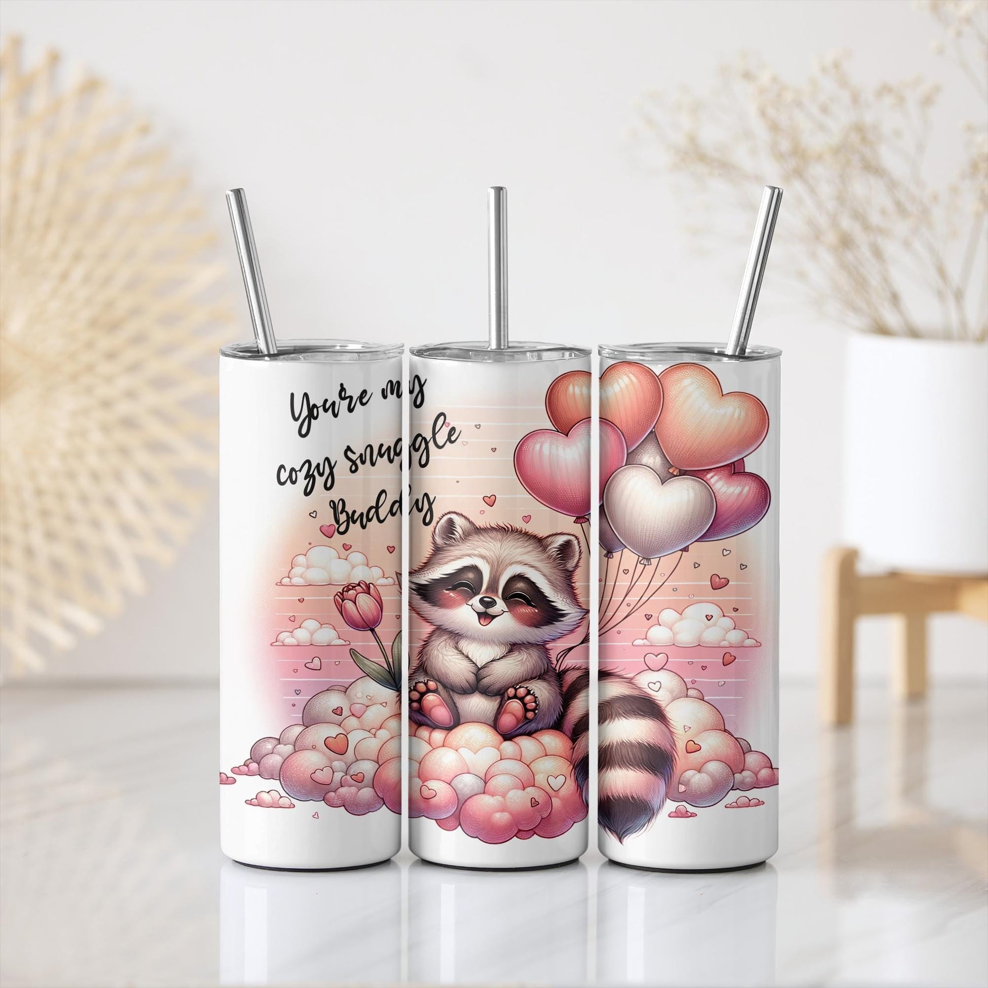 a couple of cups with a raccoon on them