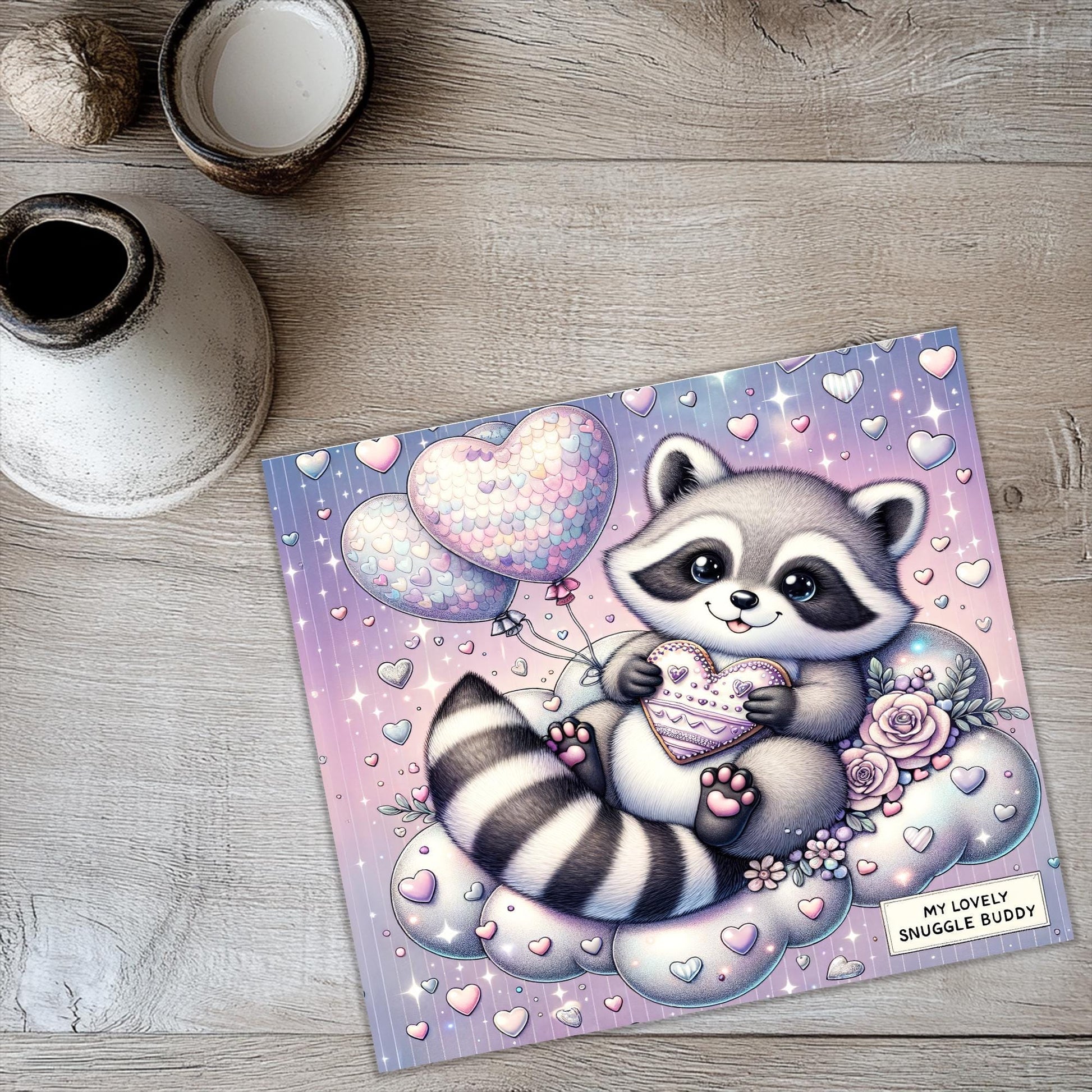 a card with a raccoon holding a heart shaped balloon