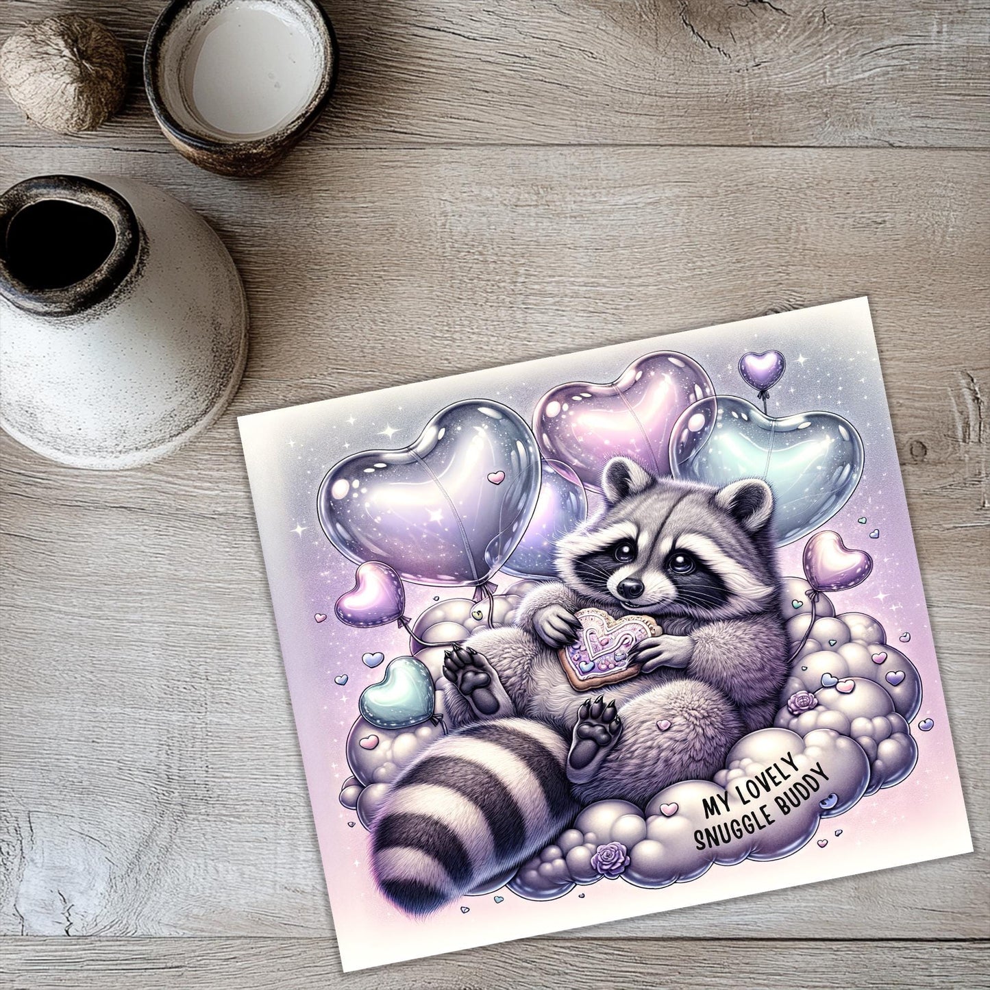 a card with a raccoon sitting on a cloud