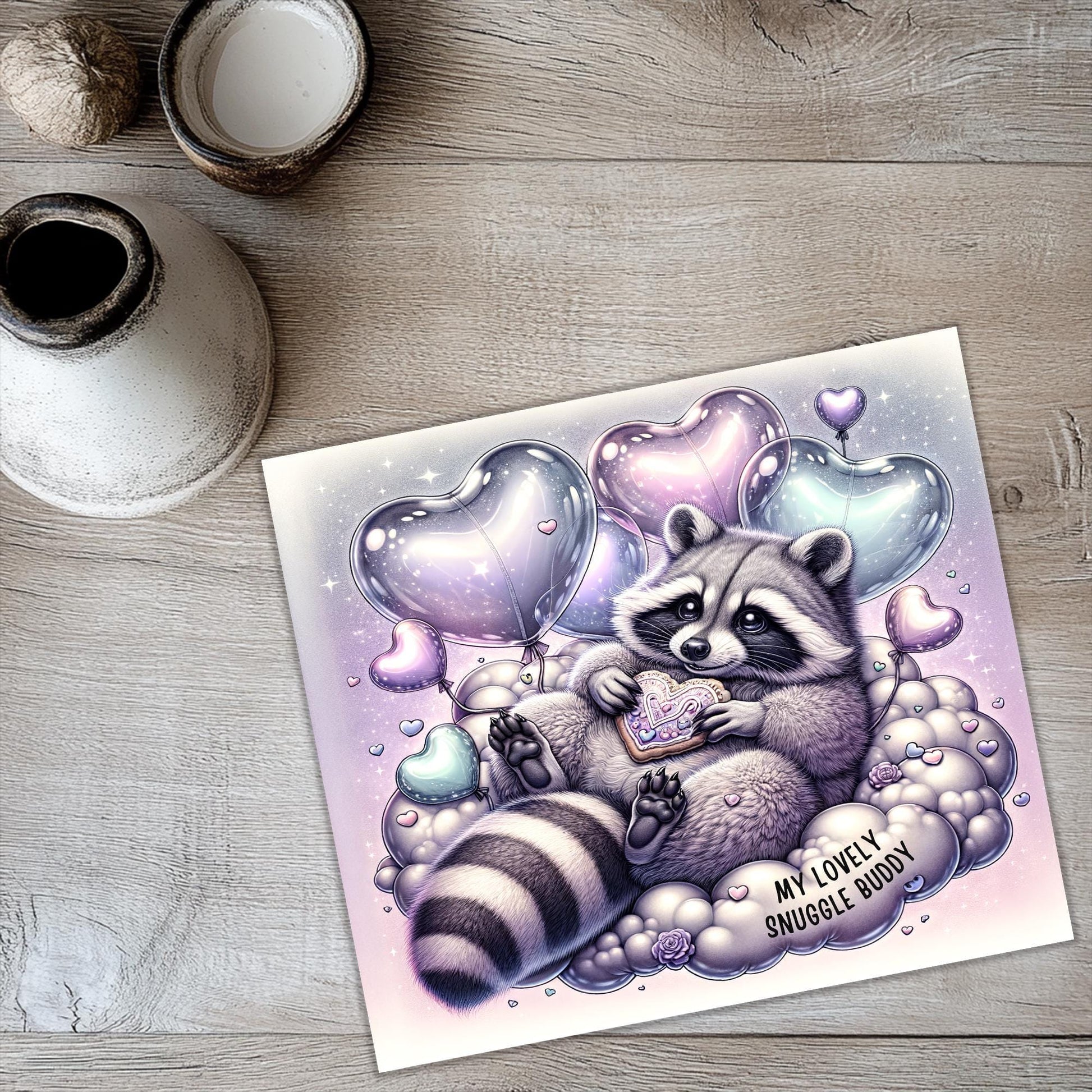 a card with a raccoon sitting on a cloud