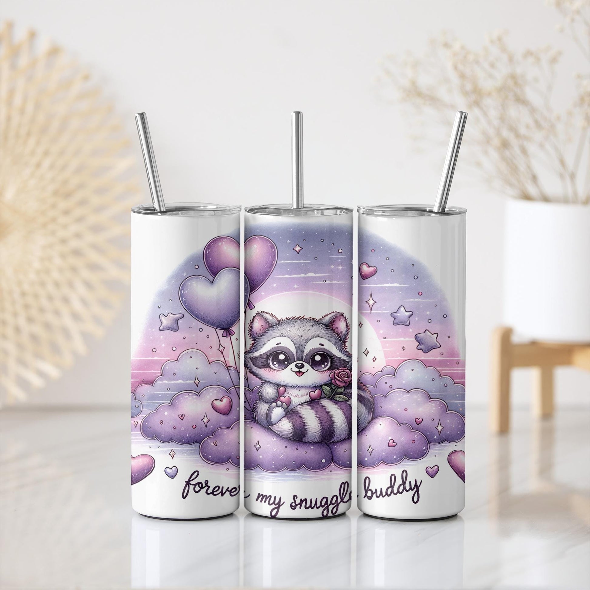 a couple of cups with a raccoon on them