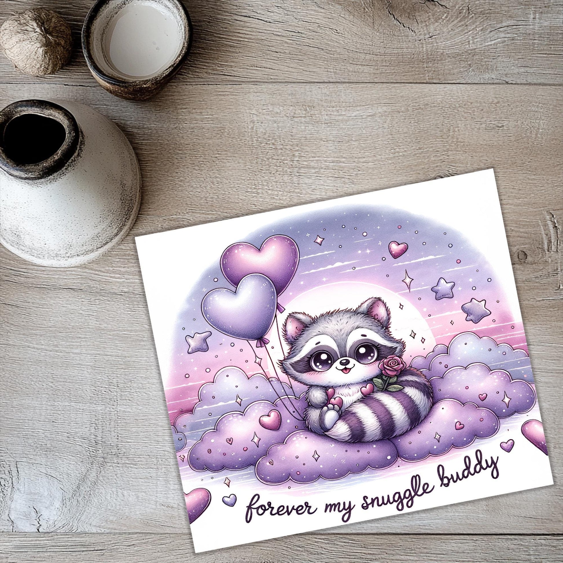 a card with a raccoon holding a heart balloon