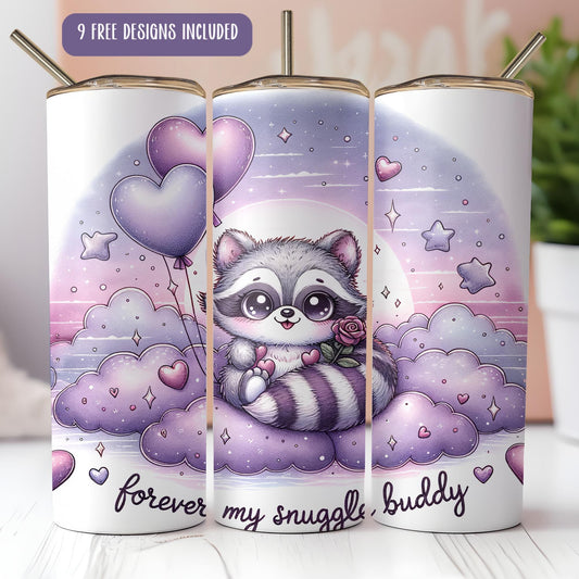 a picture of a raccoon holding a heart balloon