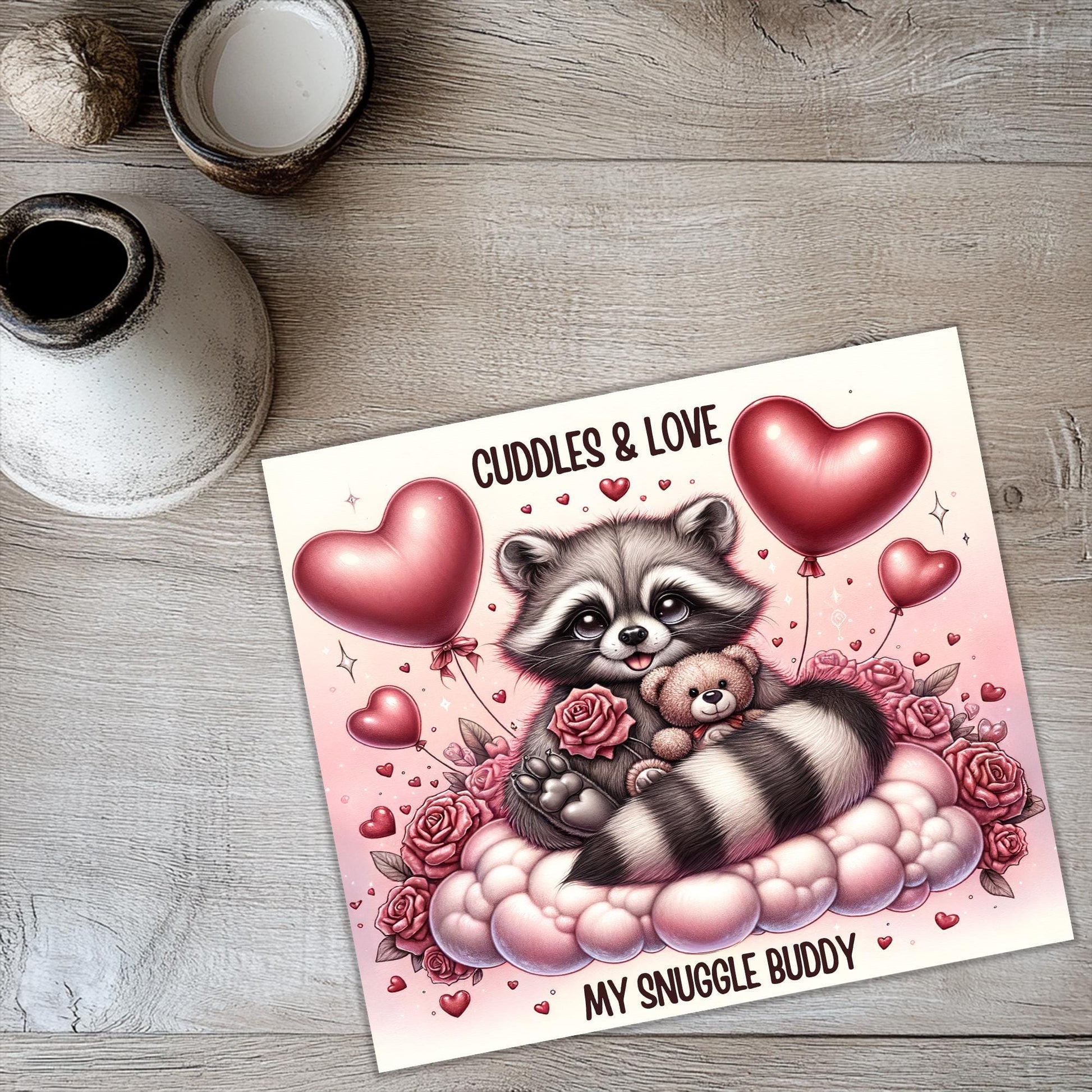 a card with a raccoon holding a teddy bear