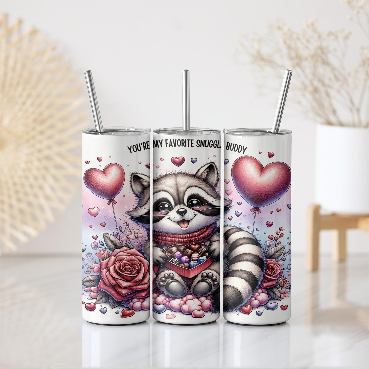 a couple of cups with a raccoon on them