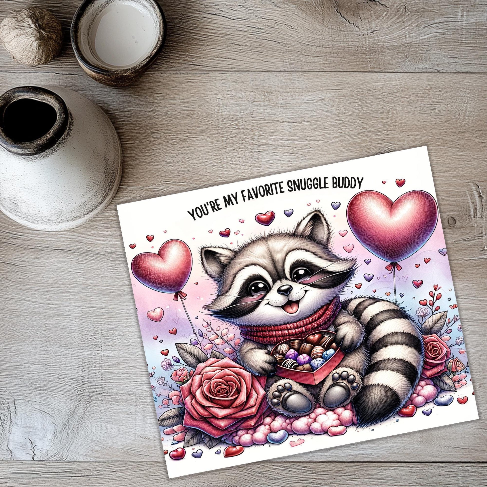 a card with a raccoon holding a heart