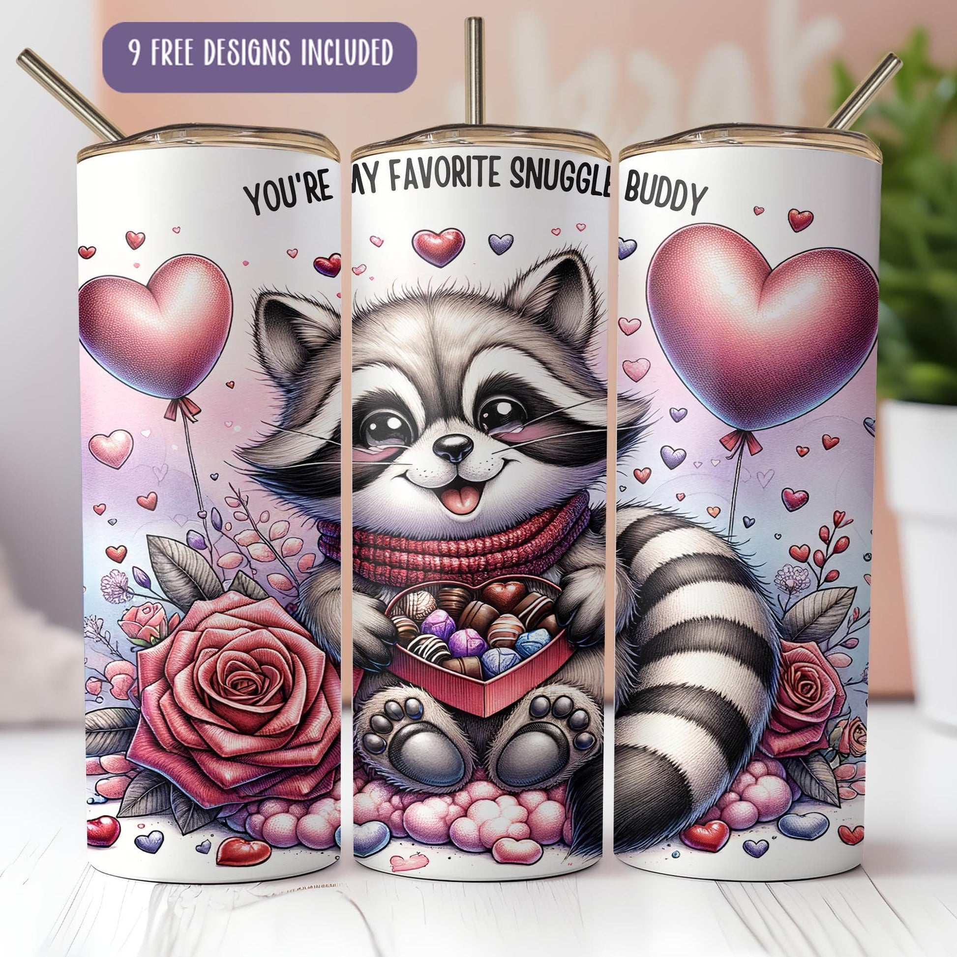 a couple of coffee cups with a raccoon on them