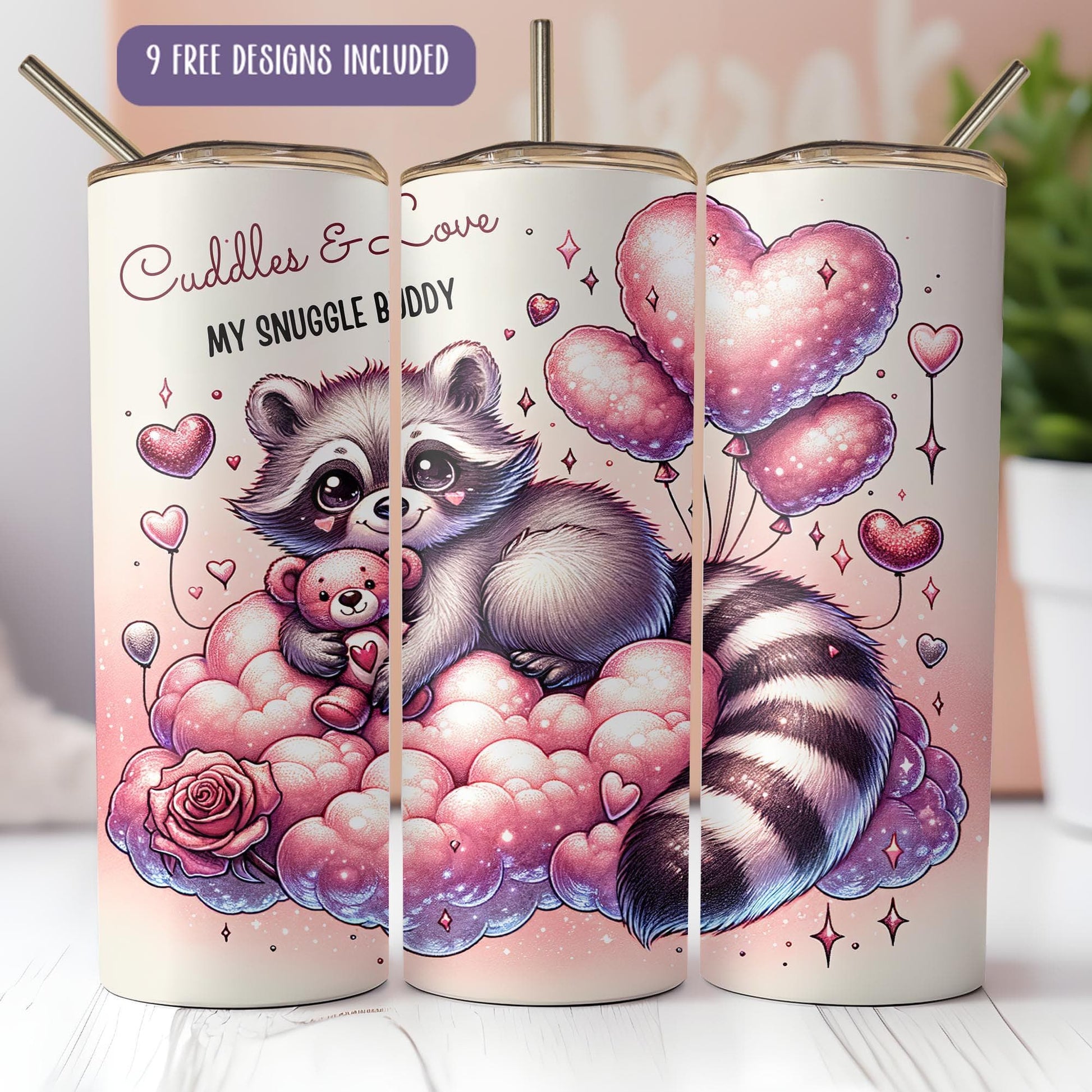 a couple of coffee mugs with a raccoon on them