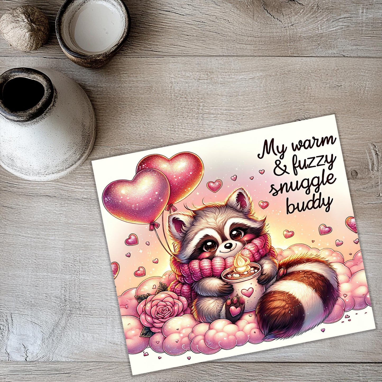 a card with a raccoon holding a heart shaped balloon