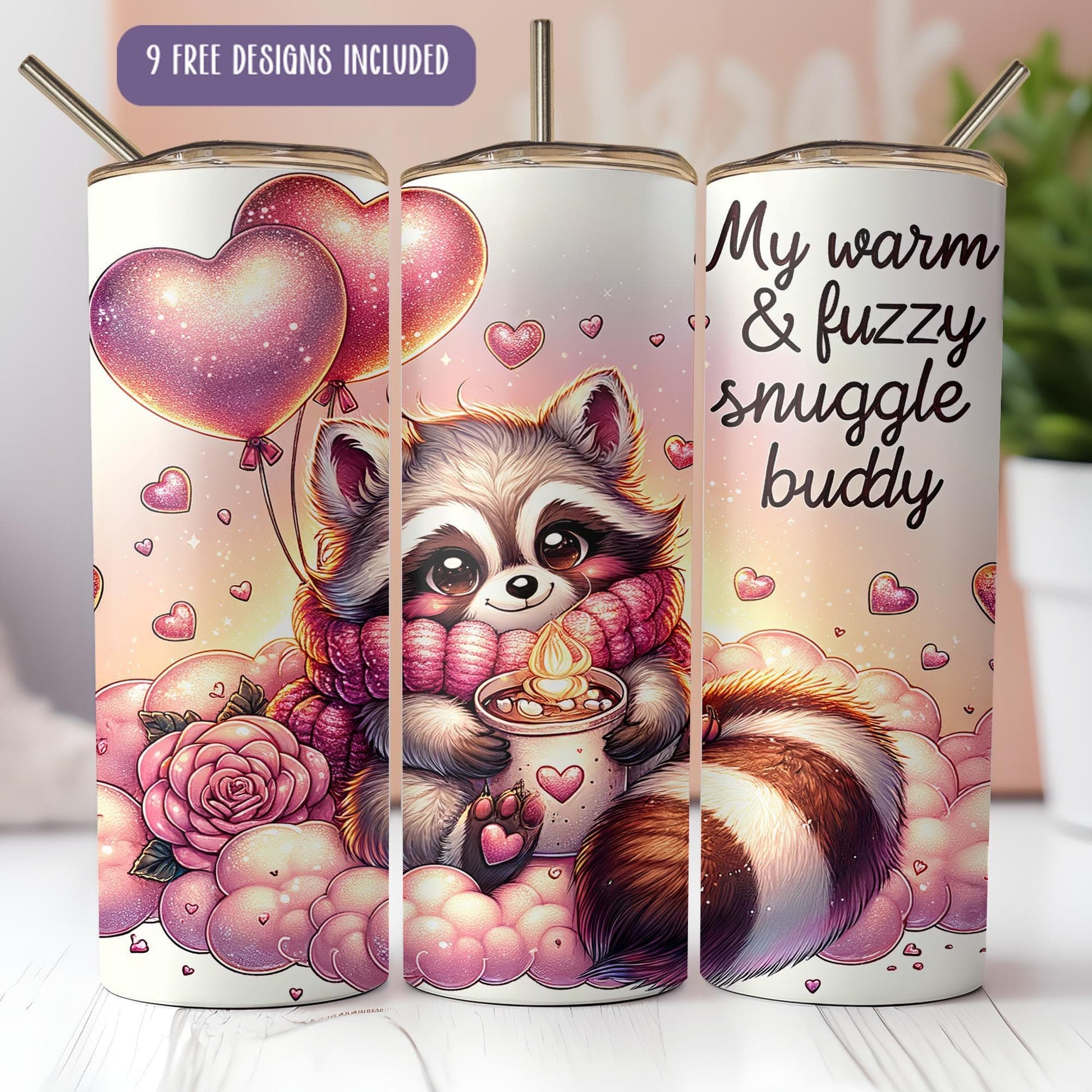 a raccoon holding a cup of coffee on a table